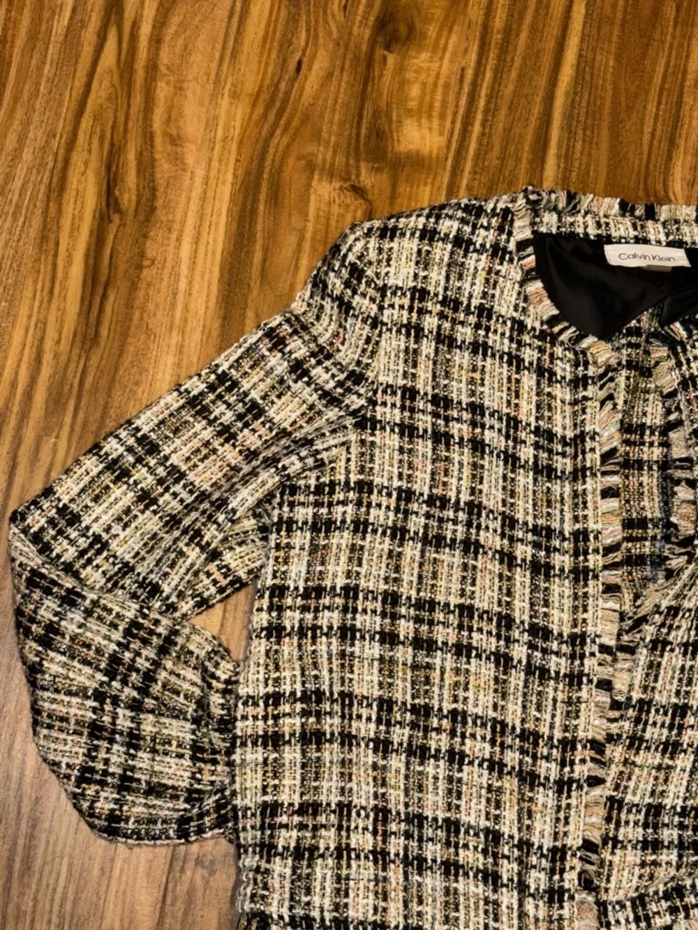 Calvin Klein women 12 large blazer jacket Black White Cream Plaid Tweed Cropped